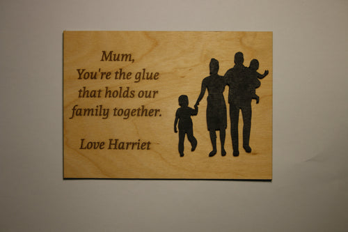 Personalized wooden plaque with engraved family silhouette and loving message for Mum