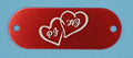 Red aluminum nameplate with engraved double heart and initials PJ HJ