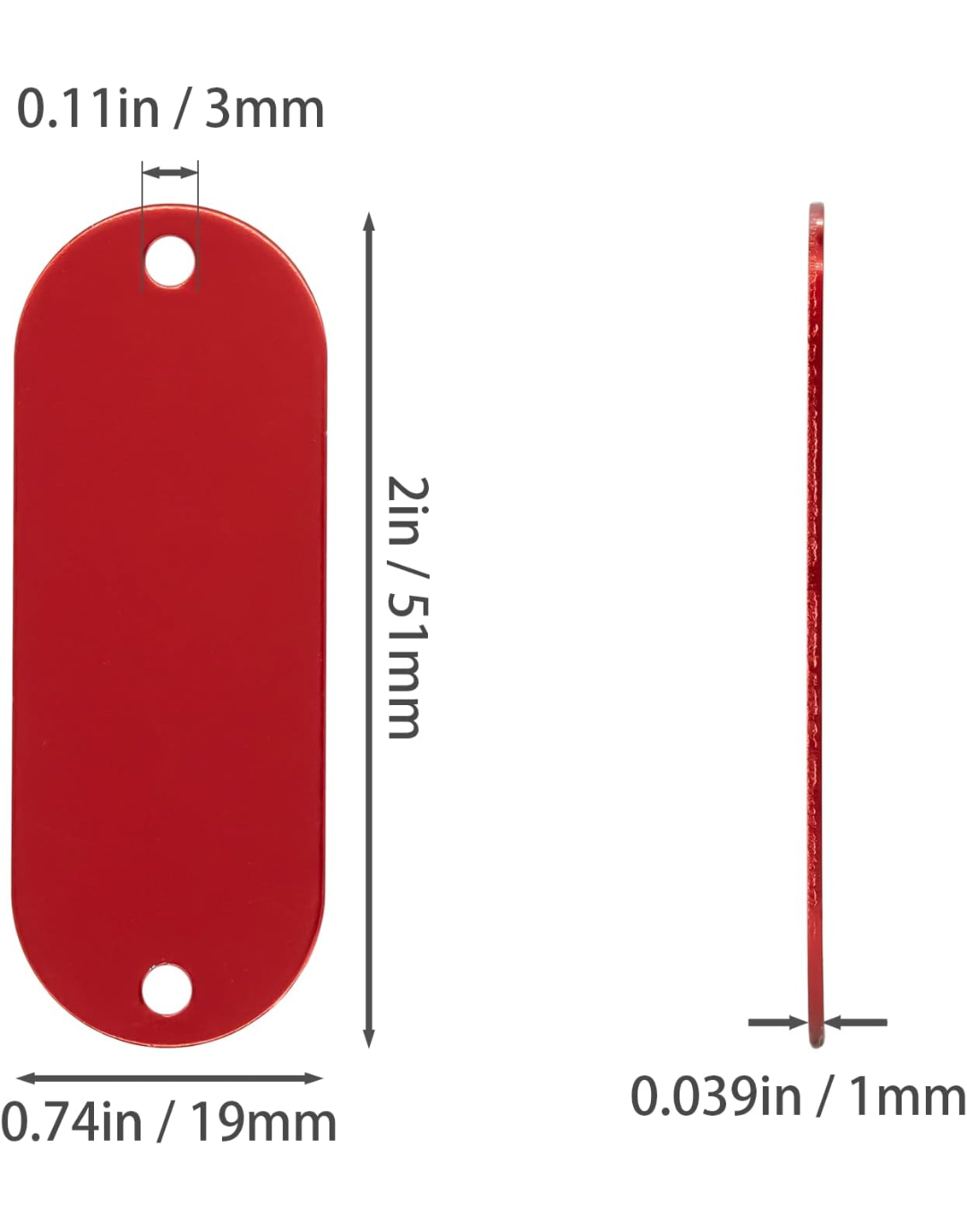 Red aluminum nameplate with dimensions labeled